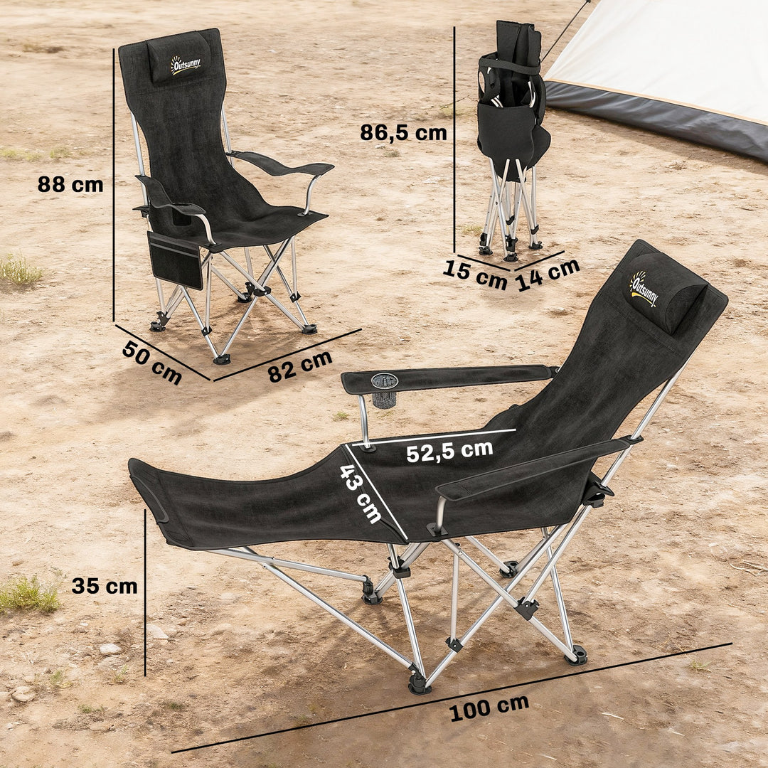 Sæt med 2 foldbare campingstole/fiskestole med aftagelig fodstøtte og kopholder, lasteevne 120 kg, sort