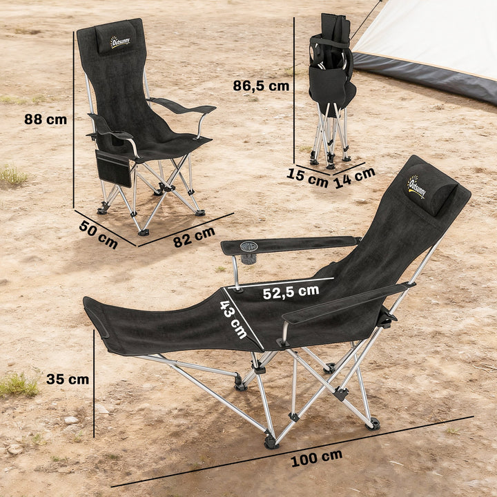 Sæt med 2 foldbare campingstole/fiskestole med aftagelig fodstøtte og kopholder, lasteevne 120 kg, sort