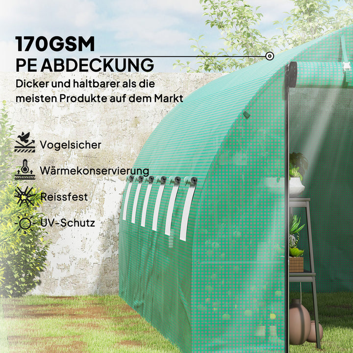 Polytunnel drivhus med plastikdæksel og stålramme, walk-in drivhustelt med rulledøre, grøn