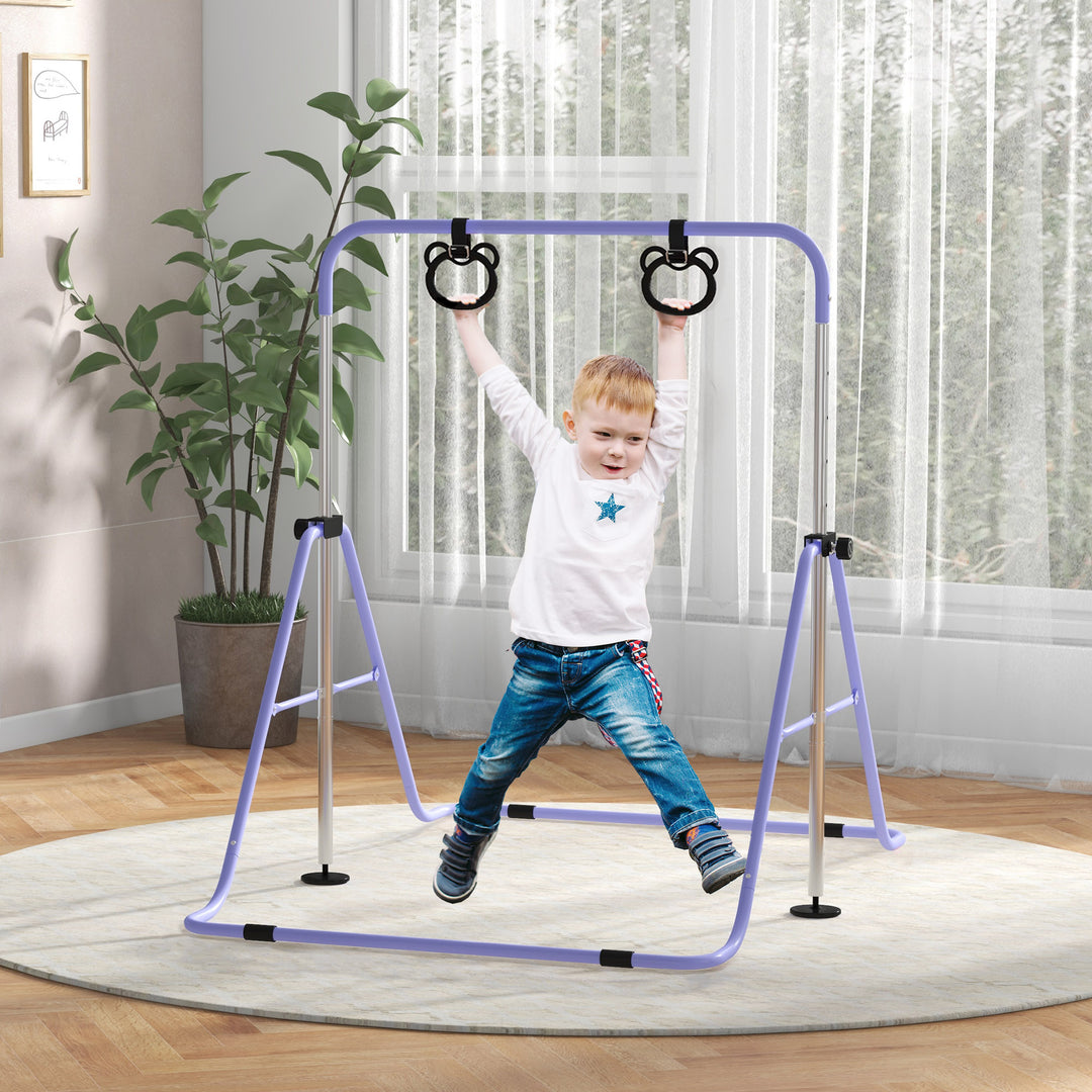 Børne parallelle stænger med ringe, højdejusterbare, foldbare, skridsikkert, stålstel, 148x105x88-128 cm, lyserød