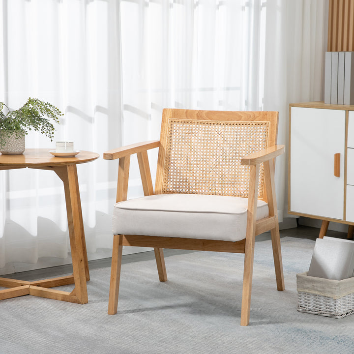 Eksotisk polstret stol, gummitræ, sædehynde med hørlook, 63l x 69b x 78h cm, cremehvid