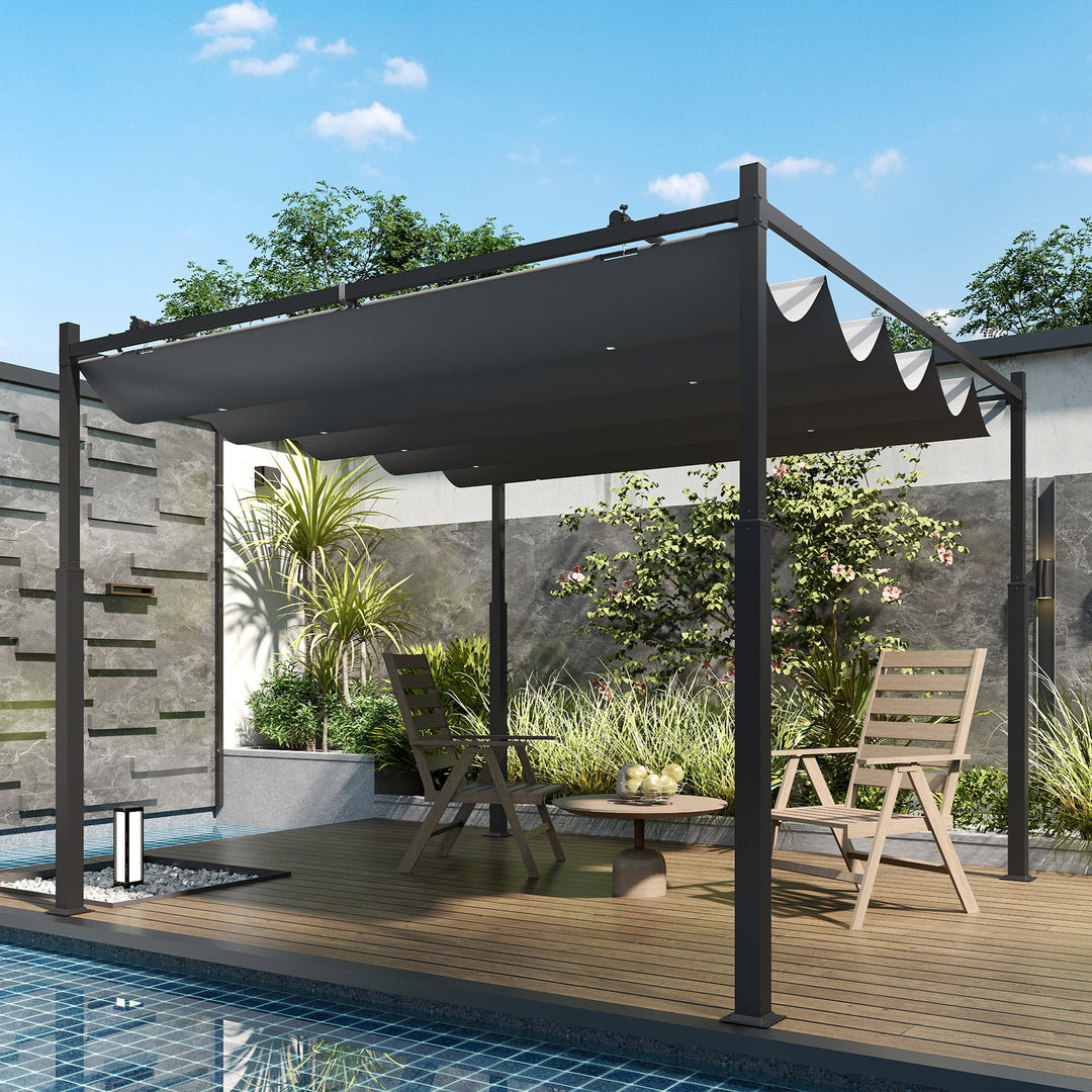 Pergola ca. 3x3 m, fritstående terrasseoverdækning med skydetag, magnetisk pude, 8 cm søjle, UV-bestandig