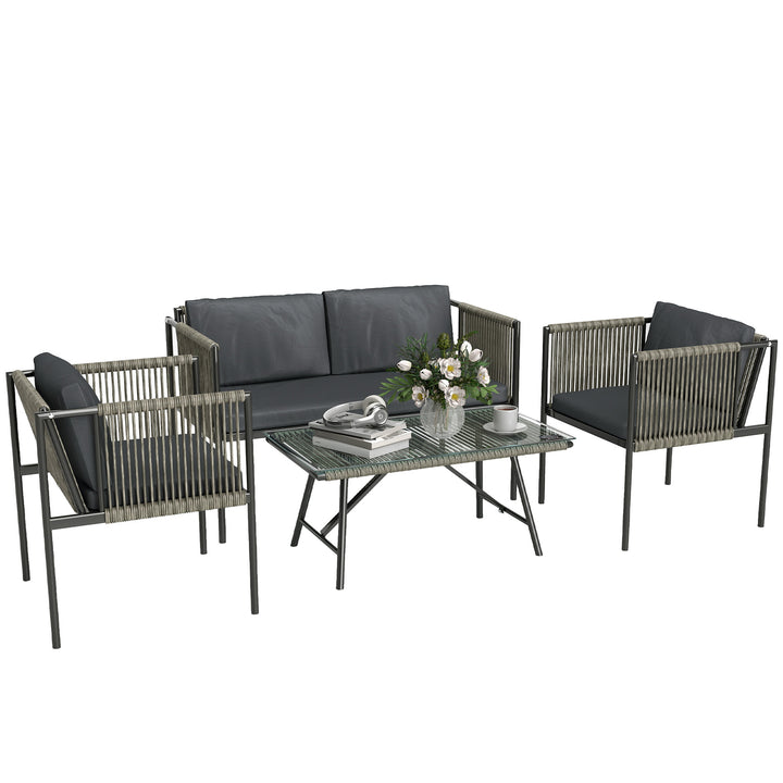 Havemøbelsæt med 4 dele, 1 sofa, 2 lænestole, 1 glasbord, hynder, stålstel, plastikrattan, grå