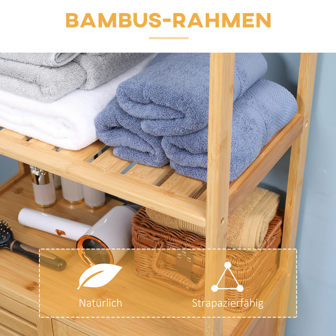 Badeværelsesskab, badeværelseskommode med lameldøre, badeværelseshylde, bambustræ, naturtræ
