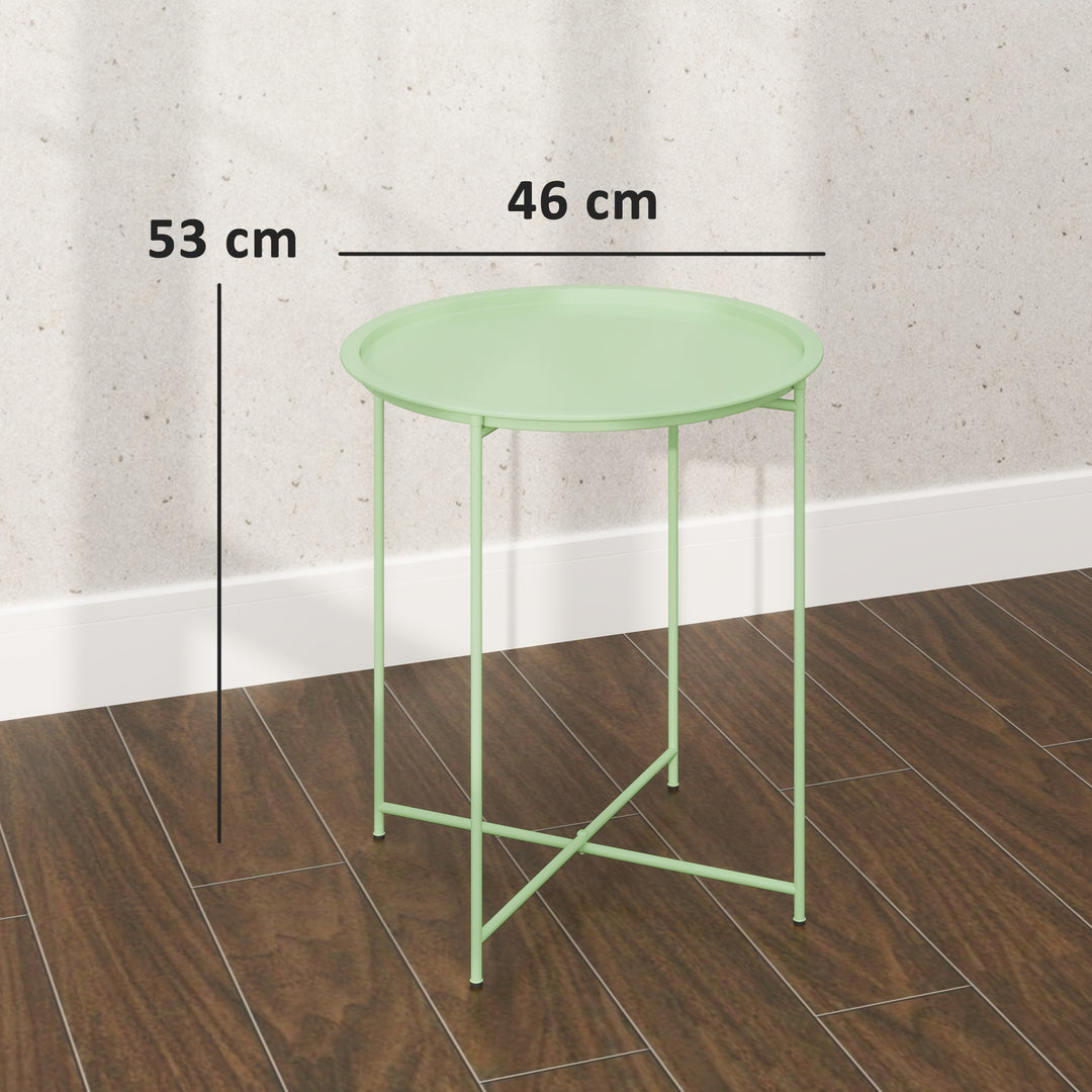 Havebord, rundt udendørs sidebord i stål med aftagelig bakke, foldbart design, terrassebord, grønt