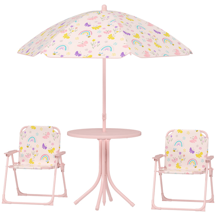 Børnesiddeområde, klapstolsæt med parasol, farverigt mønster, lyserød