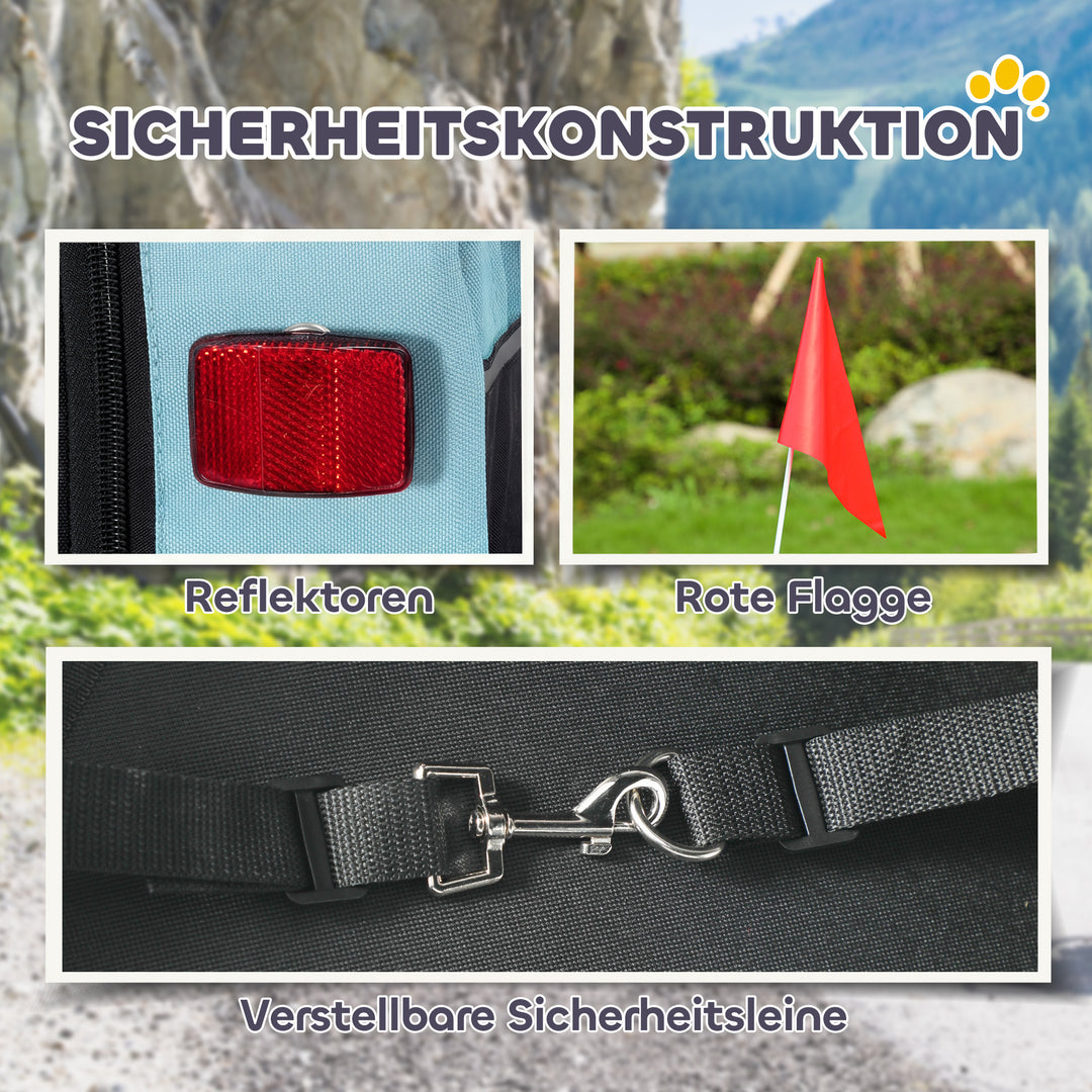 Sammenklappelig cykelanhænger med sikkerhedsreflekser og snor, til mellemstore hunde op til 20 kg, 143 x 70 x 90 cm, lyseblå