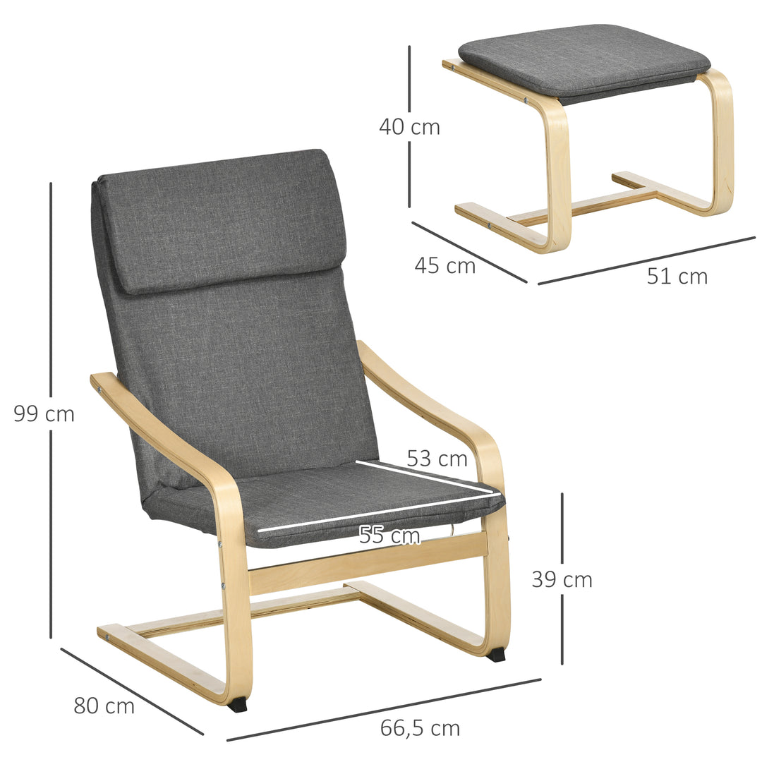 Lænestol med fodskammel, lænestolsæt, op til 120 kg, hørlook, massivt træ, grå + natur, 66,5 x 80 x 99 cm