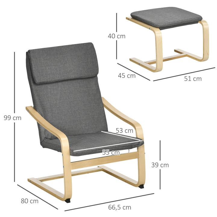 Lænestol med fodskammel, lænestolsæt, op til 120 kg, hørlook, massivt træ, grå + natur, 66,5 x 80 x 99 cm