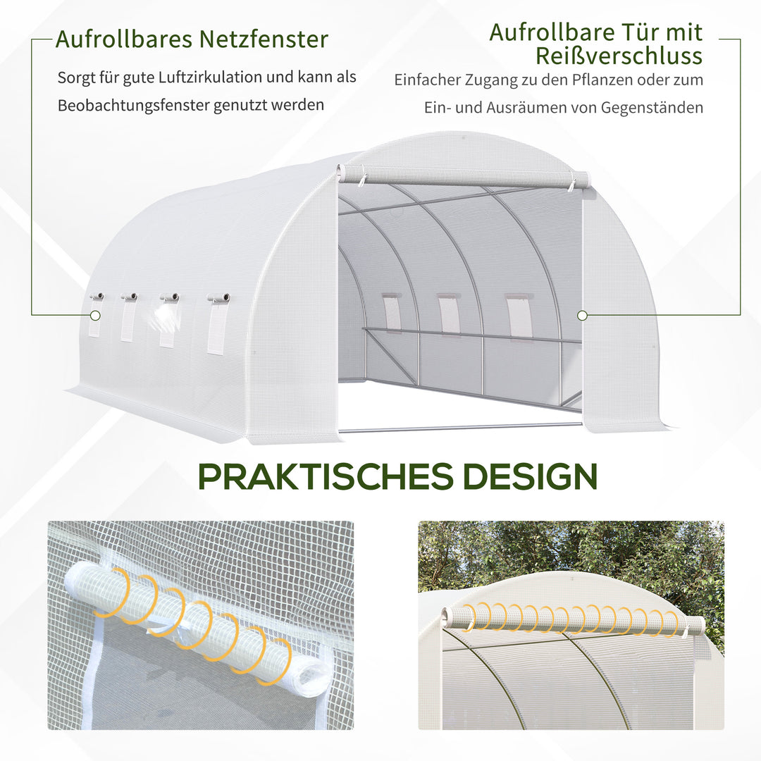 Drivhus 595x300x200cm, polytunneldrivhus, tomathus med dør, vindue, galvaniseret stålpolytunnel, plantetunnel, drivhus inklusive jordankre og reb, havetunnel, hvid
