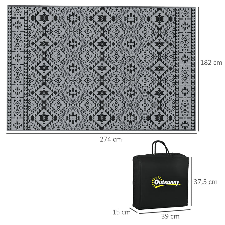 Udendørs vendbart tæppe, vandtæt, geometrisk, 182x274 cm, sort/grå