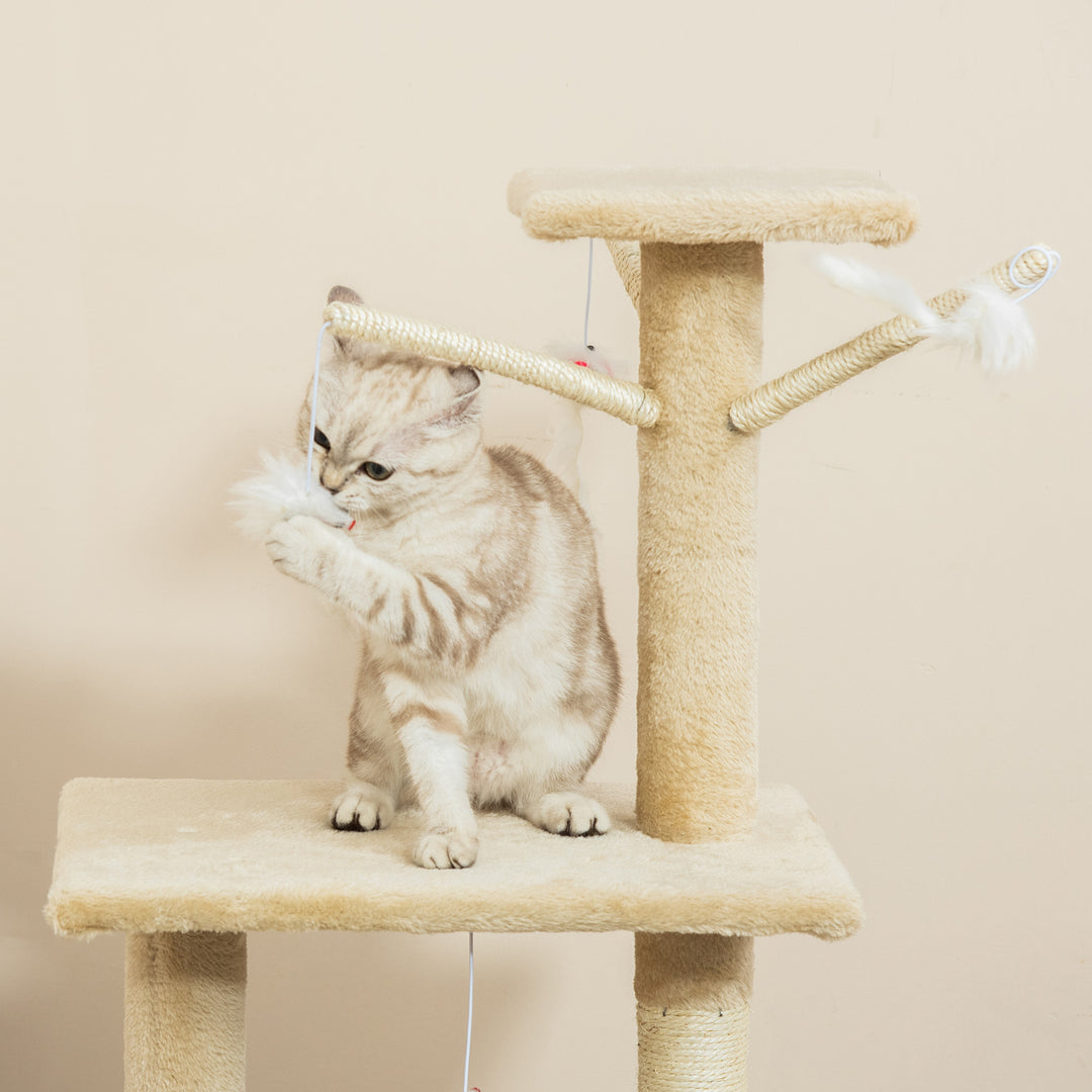 Kradsetræ 134,2 cm kattetårn med hule, 2 sisal-legetøjsstolper, stor platform, trappe, kradsetræ i flere niveauer, klatretræ, til mellemstore katte, beige+hvid