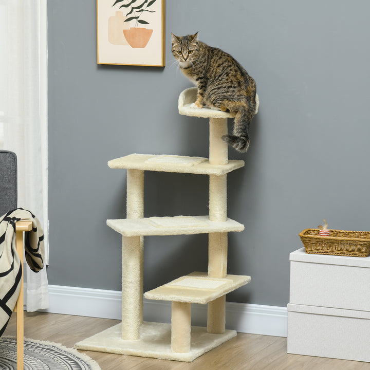 Kradsetræ 100 cm kattetårn med sisalstolper, stor platform, kradsetræ i flere niveauer, klatretræ, til små og mellemstore katte, beige