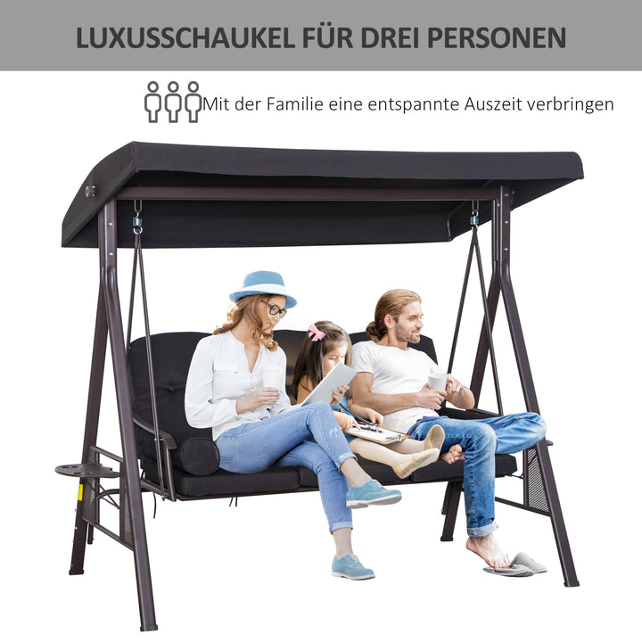 Hollywood gynge til 3 personer, vipbart tag, metalramme, brun+sort, 116 x 206 x 183 cm