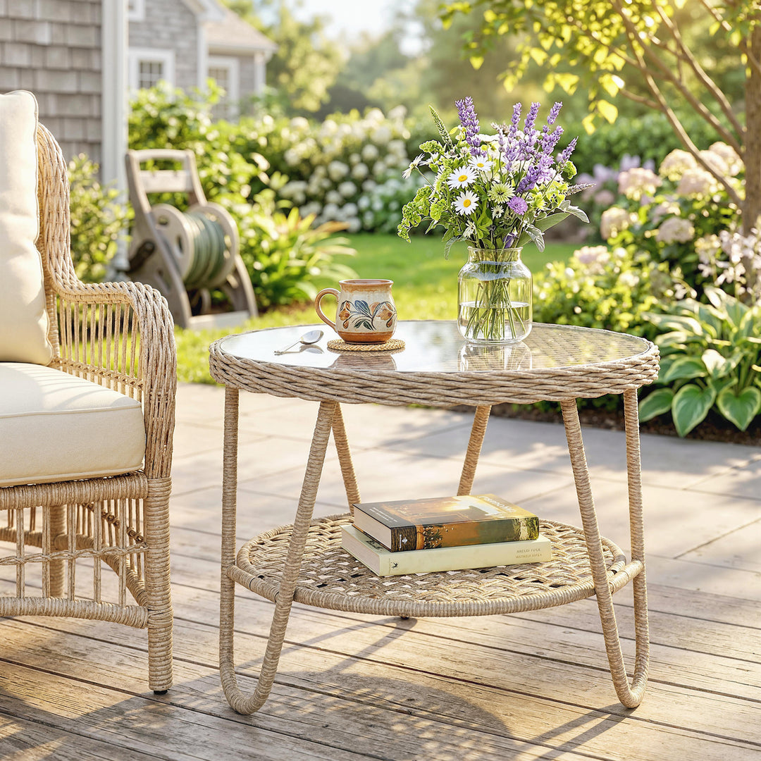 Polyrattan sidebord, 2-lags sofabord med hylde, glasplade, justerbare fødder, 65 x 65 x 50 cm, gul
