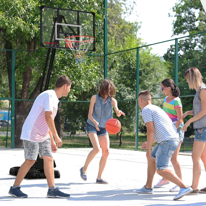 Basketballstativ, justerbar kurvhøjde 2,3-2,9 m, nedre reboundstang, fyldbar base, rød+sort