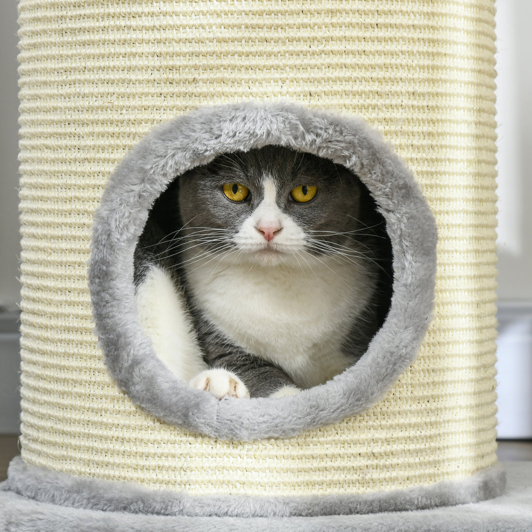 Kradsetræ til katte, sisalrebstolper, blødt plys, multi-level, boldlegetøj, grå, 59x35x100 cm