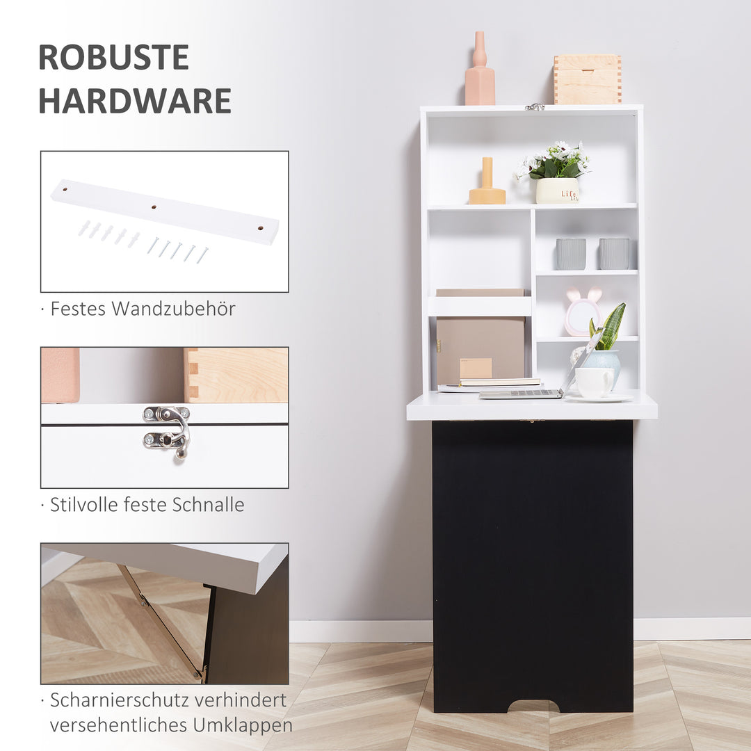 Vægbord, foldbar bordplade, 5 rum, 60x94,5x147cm, sort/hvid
