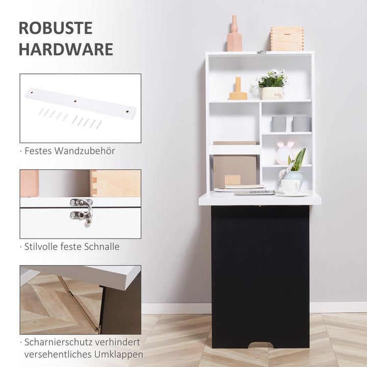 Vægbord, foldbar bordplade, 5 rum, 60x94,5x147cm, sort/hvid