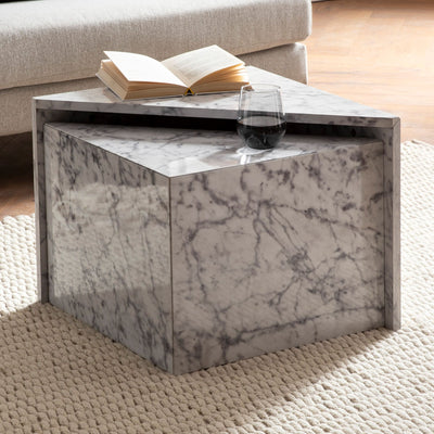 Sofabordssæt MONOBLOC i hvid højglans med marmorlook - 2 borde