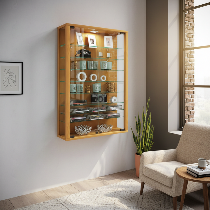 Vægvitrineskab med 8 hylder/Uden LED belysning, naturfarvet bøg