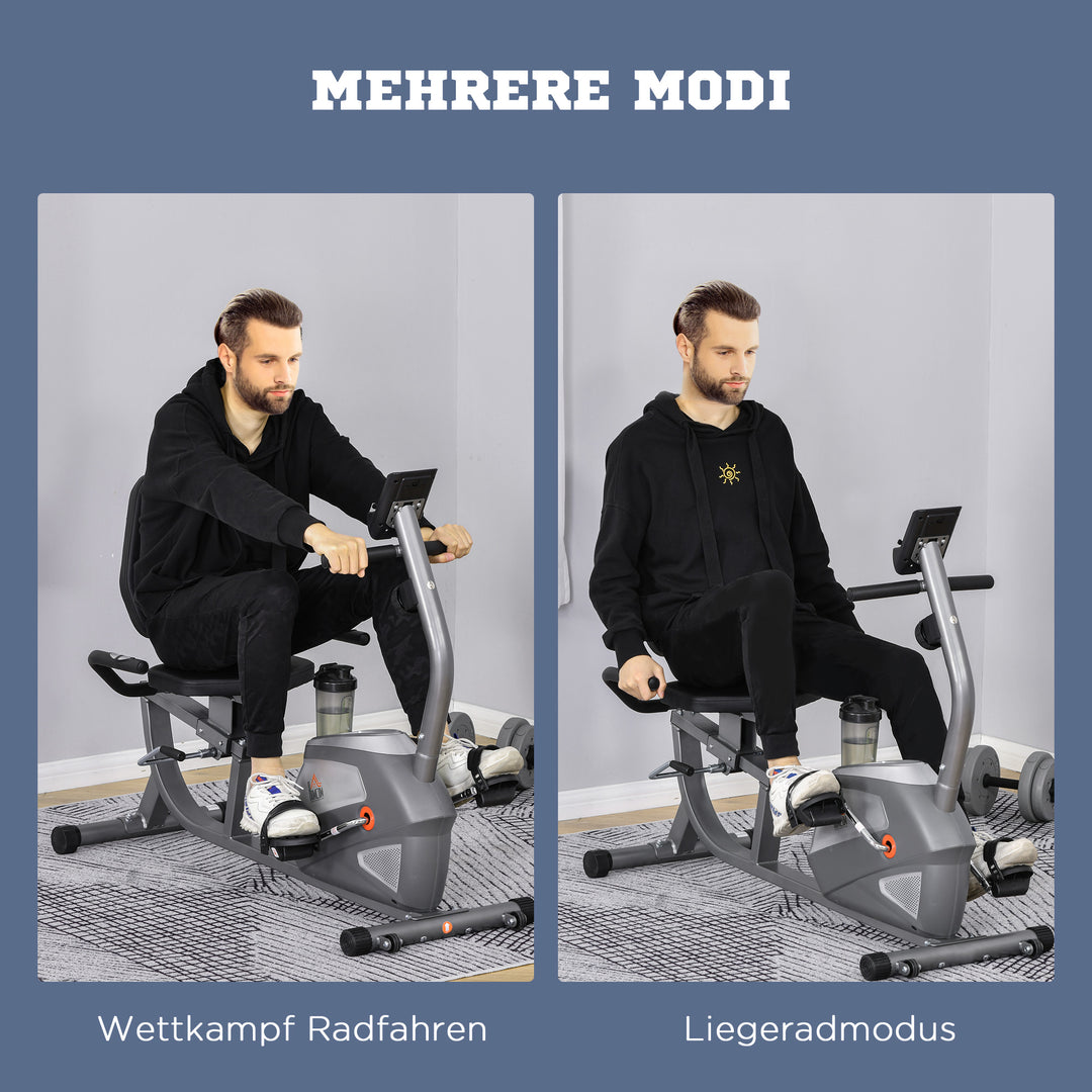 Liggende motionscykel med LCD-display, 8-trins justerbar magnetisk modstand, liggende motionscykel, hjemmetræner med pulsmålere, justerbar ryglæn, liggende motionscykel til seniorer op til 110 kg