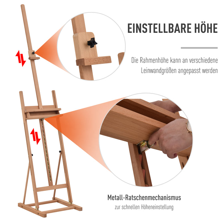 Staffeli, båreramme, atelierstaffeli, højde- og vinkeljusterbart med opbevaringsrum, naturligt bøgetræ, 53 x 50,5 x 171-230 cm