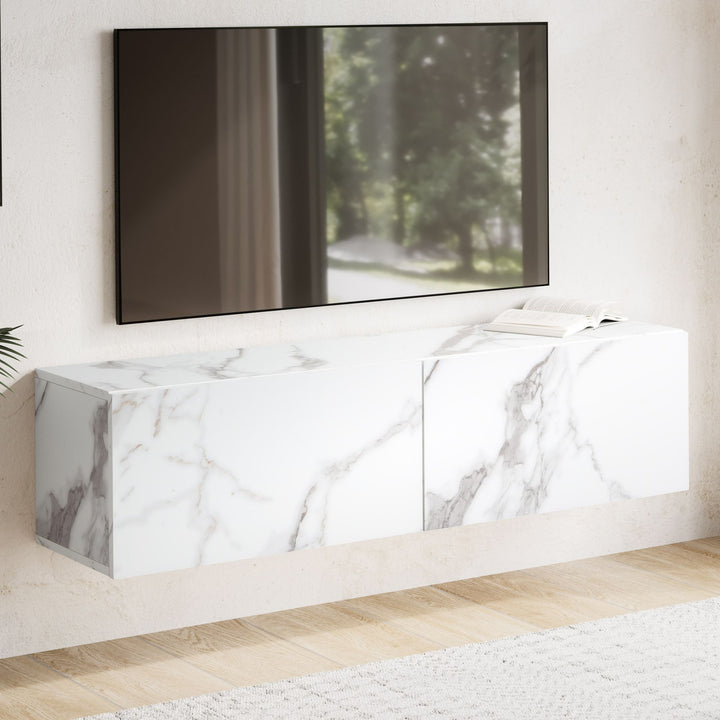 Tv-kommode til væggen, hvidt marmor-look, 120x30x30cm