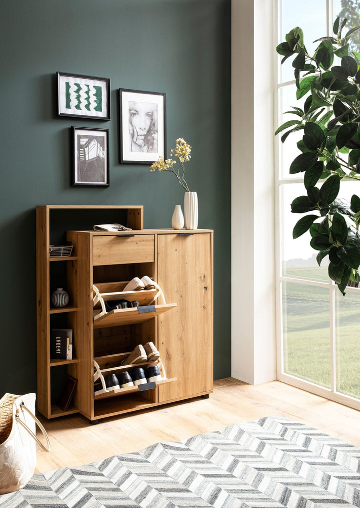 Skoskab med egetræslook, 98x110x30 cm, lukket skoskab med skuffe, moderne skokommode, entreskab med hylde og opbevaring, høj skokommode