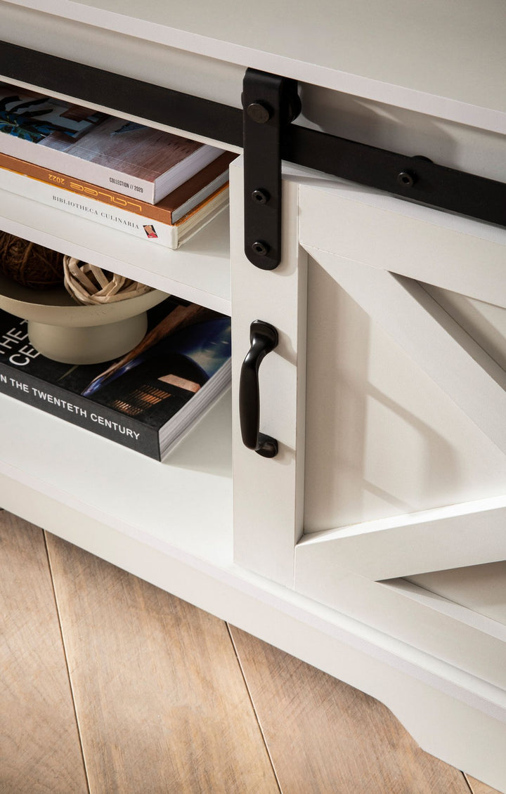 Hvidt lavskab 150x59,5x39,5 cm, TV-skab, landlig stil, moderne, designer TV-bord, højt TV-møbel, TV-bord, TV-skab med to skydedøre, TV-skab til stue