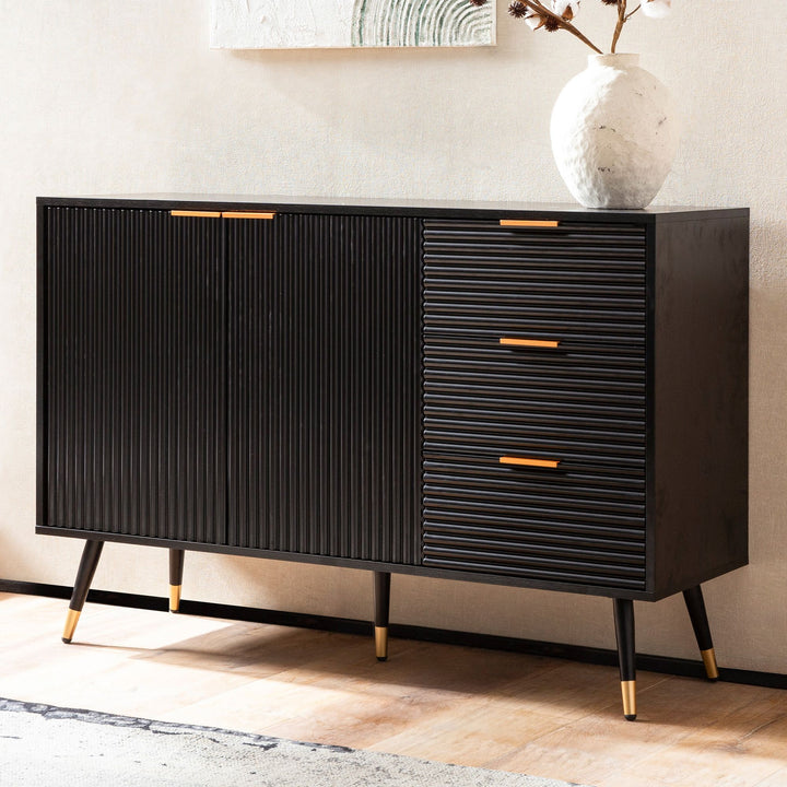 Stilfuld kommode / skænk, 120x80x40 cm, sort med guldfarve på ben