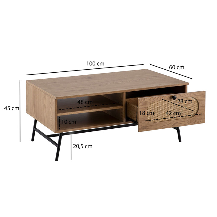 Smukt sofabord i japandi-look med rattanflet, 100x60x45 cm, naturfarvet