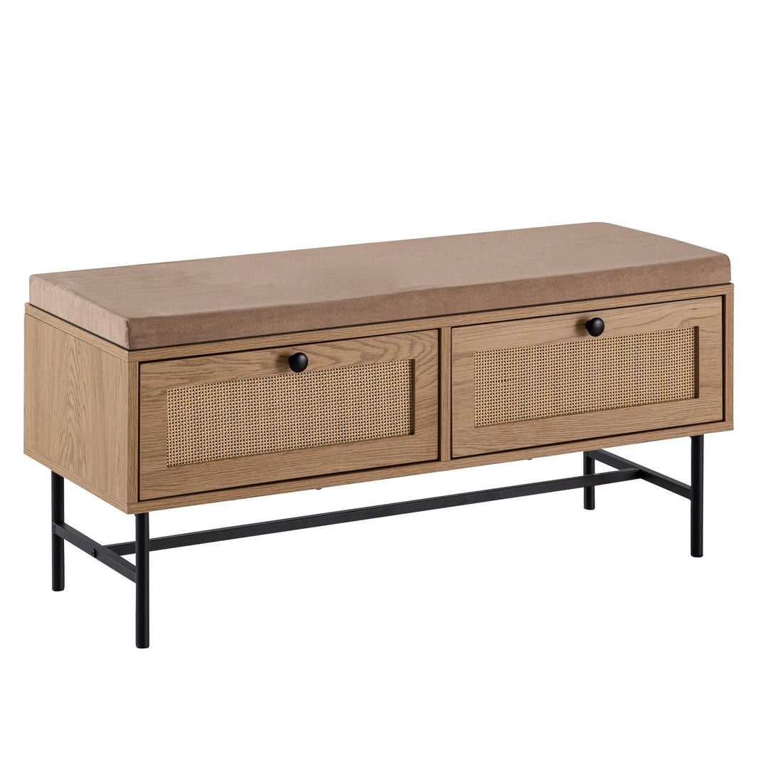 Skobænk med stofsæde 100x48x38 cm, entrébænk med egetræsdekor, lille polstret rattanbænk, smal entrébænk med opbevaring, entrébænk møbler med skuffer