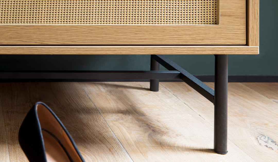 Skobænk med stofsæde 100x48x38 cm, entrébænk med egetræsdekor, lille polstret rattanbænk, smal entrébænk med opbevaring, entrébænk møbler med skuffer