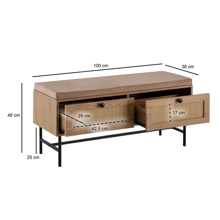 Skobænk med stofsæde 100x48x38 cm, entrébænk med egetræsdekor, lille polstret rattanbænk, smal entrébænk med opbevaring, entrébænk møbler med skuffer