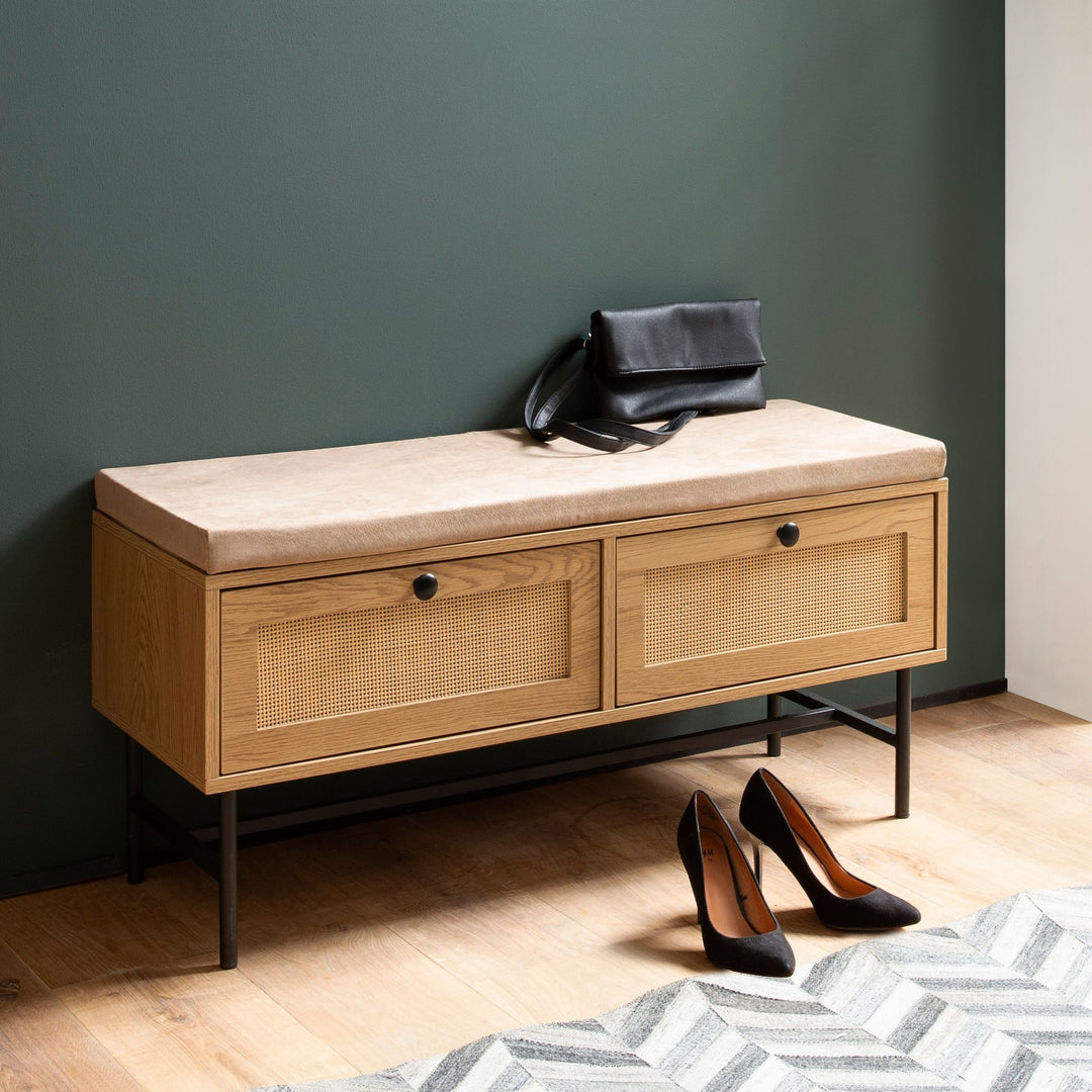 Skobænk med stofsæde 100x48x38 cm, entrébænk med egetræsdekor, lille polstret rattanbænk, smal entrébænk med opbevaring, entrébænk møbler med skuffer