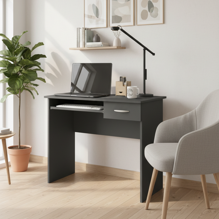 Skrivebord med tastaturudtræk, h. 75 x b. 85 x d. 50 cm, antracit