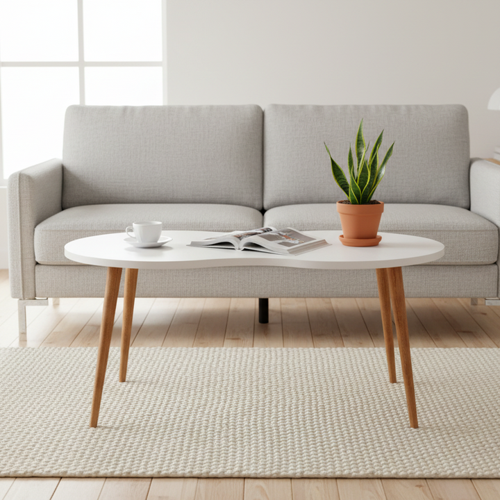 Sofabord i harmonisk form, skandi-japandi-look, 42 x 90 x 41 cm, hvid