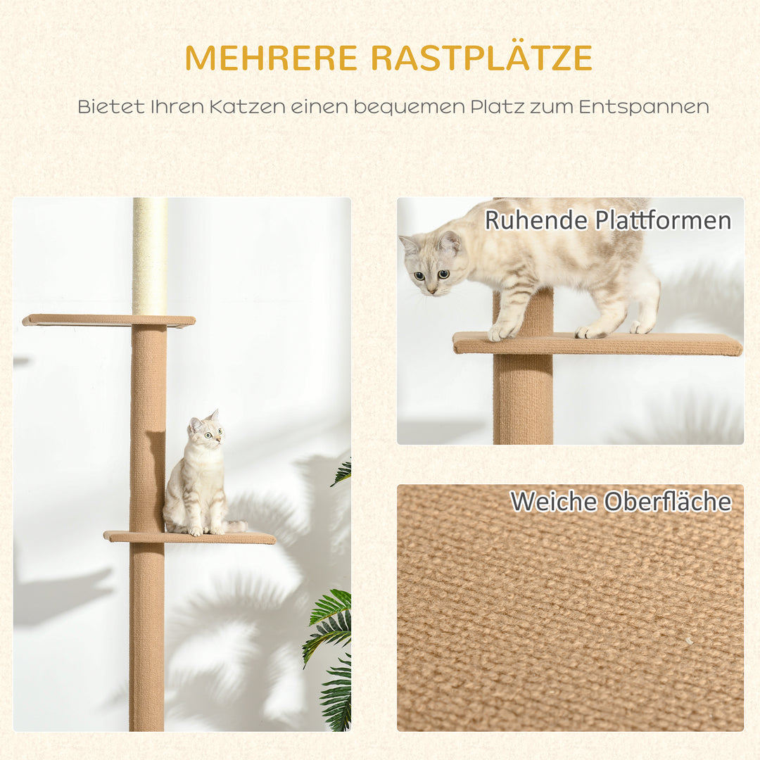 Kradsetræ med loftshøjde, 228-260 cm højdejusterbart kradsetræ, klatretræ til katte med 3 niveauer, kradsetræ til katte, legetræ fra gulv til loft, khaki