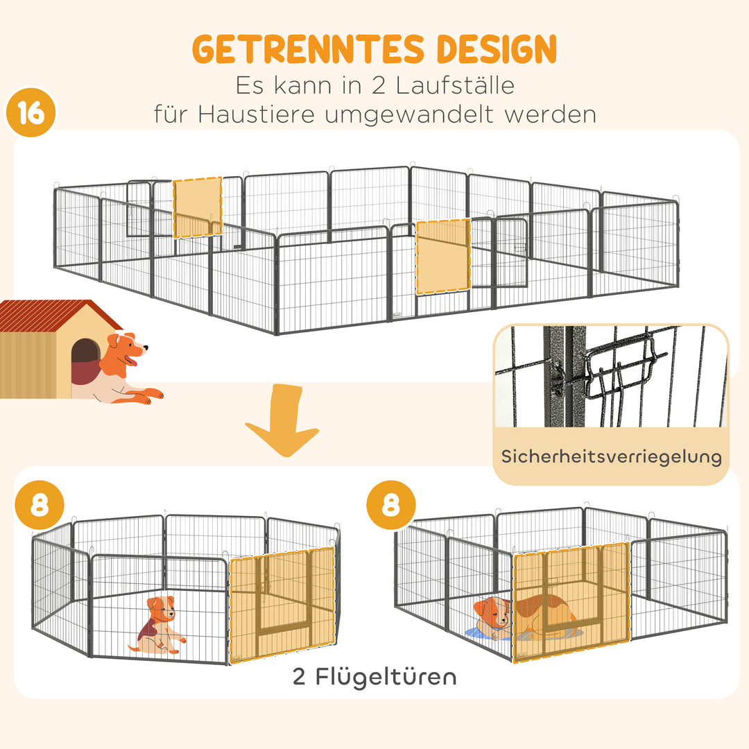 Hvalpegård udendørs indhegning 16 segmenter 60 cm høj kravlegård til kæledyr hvalpegitterhegn kravlegård kravlegård hundeindhegning udendørs gitter hvalp tilpasselig med 2 døre stålgrå