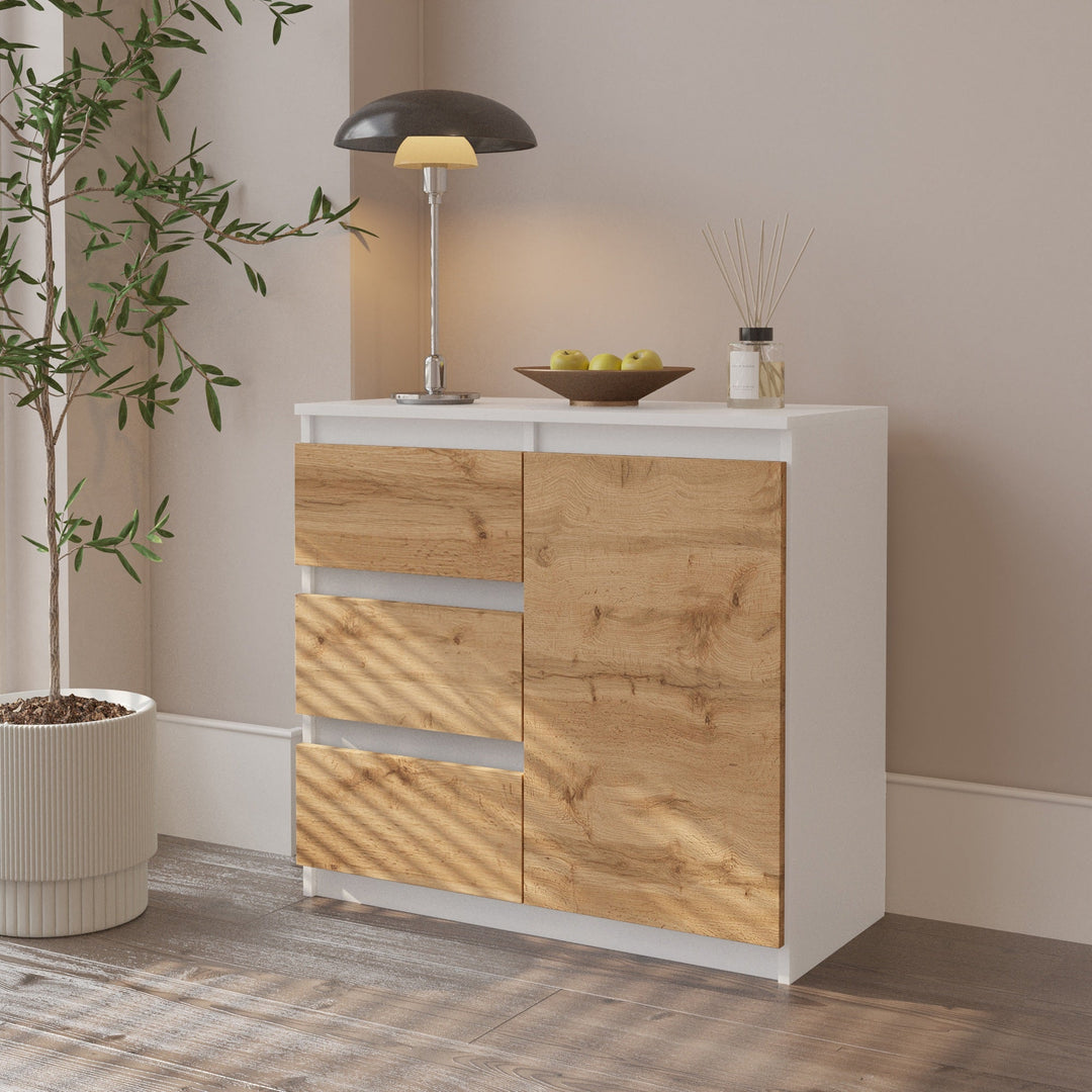 MIKEL - Kommode med 3 skuffer - mat hvid / naturfarvet H75cm B80cm D35cm