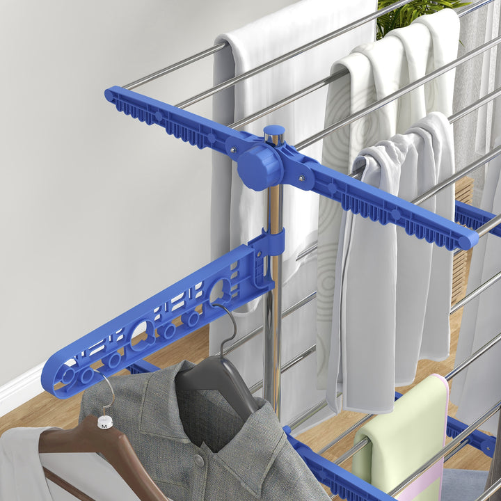Tørrestativ. 4 niveauer, foldbar, et-klik-system, 142 cm x 55 cm x 152 cm, blå + sølv
