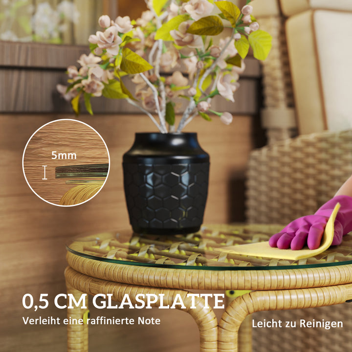 Sidebord lavet af polyrattan rundt sofabord med glasbordplade natbord ø50 cm gul