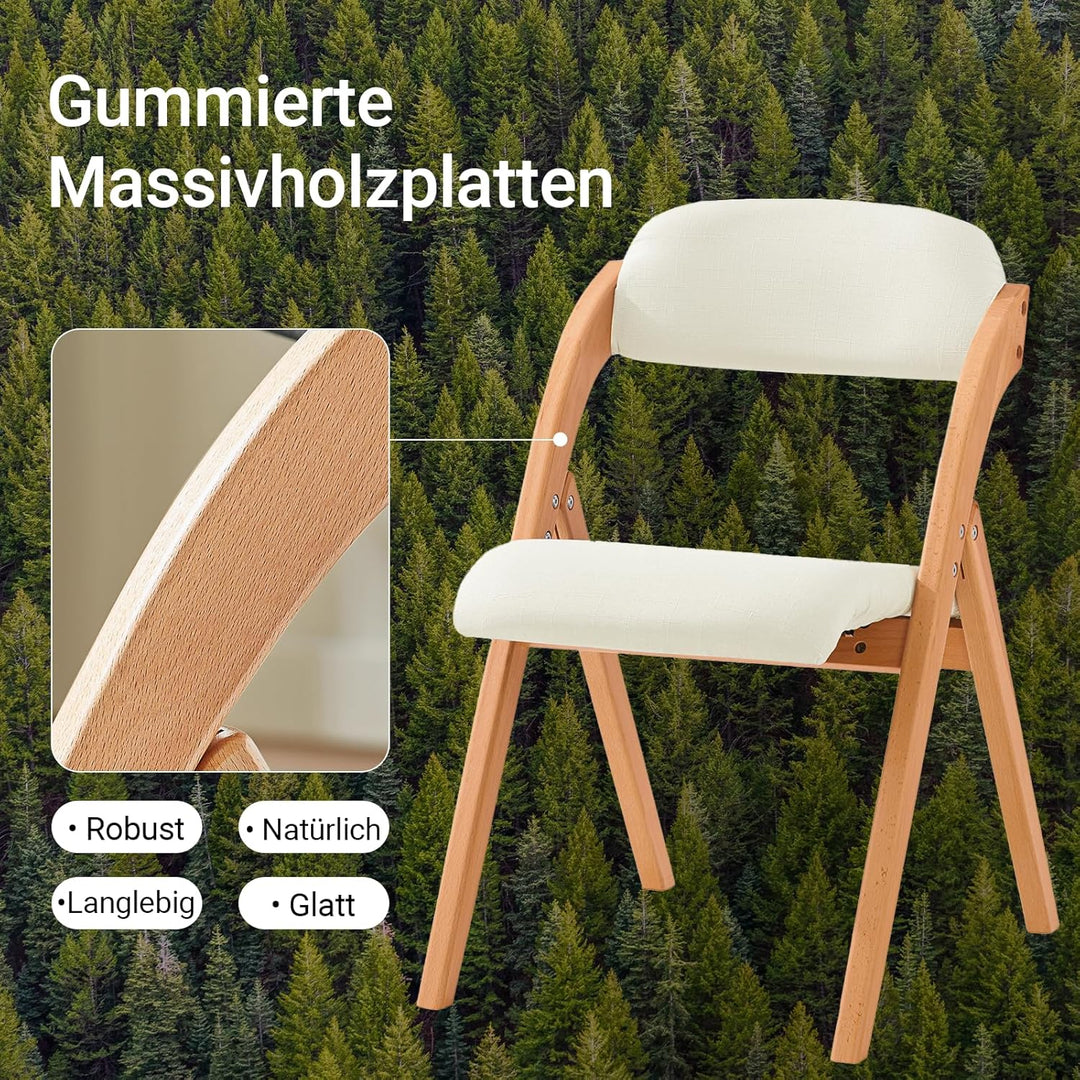Sæt med 2 sammenklappelige, polstrede træstole i hvid – ergonomiske og pladsbesparende køkken- og spisebordstole, 47,5 × 77 × 59 cm