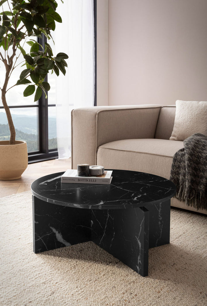 Rundt sofabord i sort marmorlook - Ø70 cm