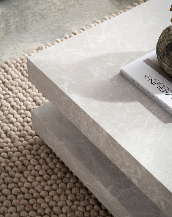 Sofabord 60x60x34 cm, sandfarvet sofabord i stenlook, moderne design stuebord med opbevaring, firkantet, beige loungebord, lille sofabord