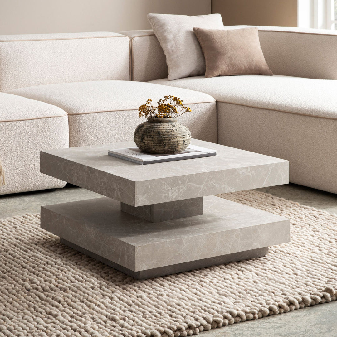 Sofabord 60x60x34 cm, sandfarvet sofabord i stenlook, moderne design stuebord med opbevaring, firkantet, beige loungebord, lille sofabord