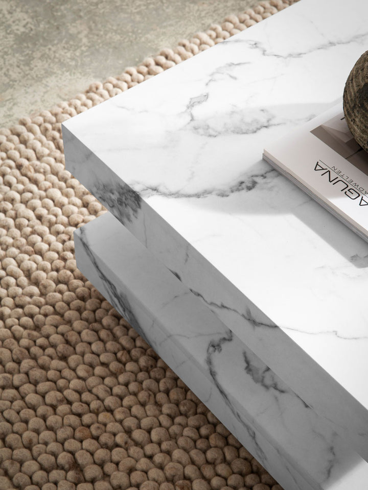 Sofabord 60x60x34 cm Hvid, Moderne sofabord med marmoreffekt, Designer stuebord med opbevaring, Firkantet, Lille loungebord, Sofabord