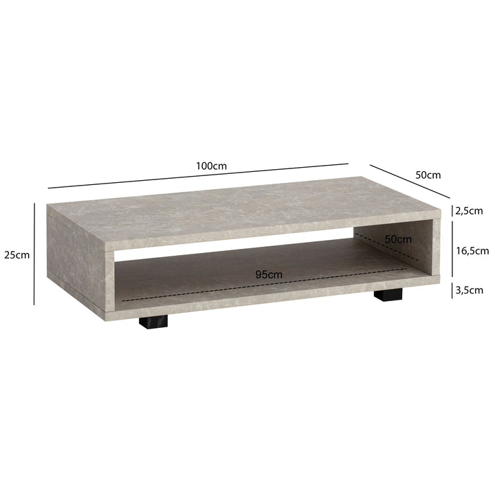 Sofabord 100x50x25 cm, sandfarvet sofabord i stenlook, moderne design, rektangulært stuebord med opbevaring, beige loungebord, enkelt, stort sofabord
