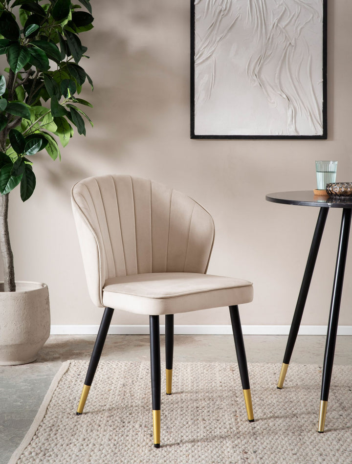 Spisestolssæt med 2, fløjlsbeige, køkkenstol med metalben, skalstol, skandinavisk design, polstret stol med stofbetræk, polstret stol